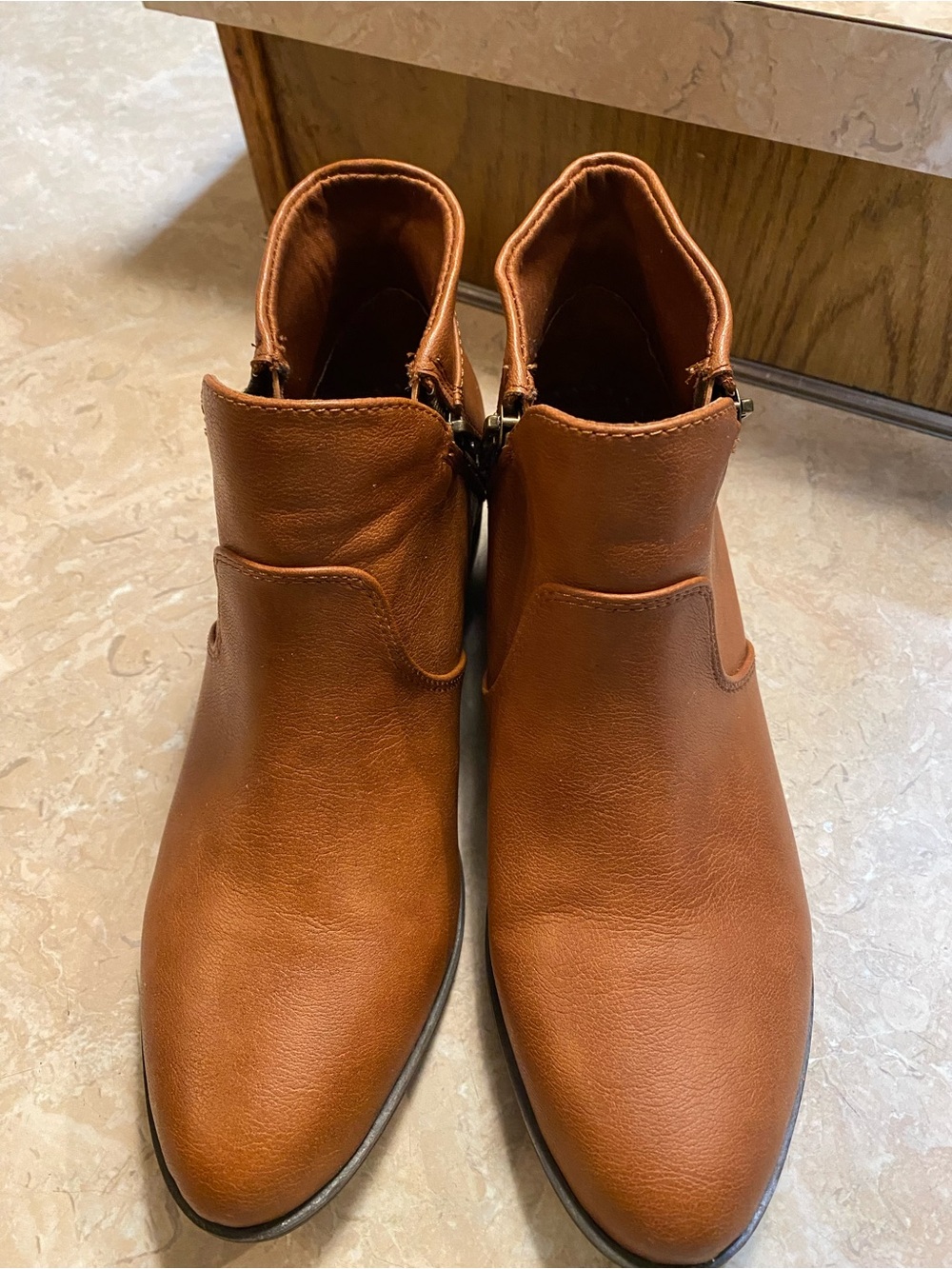 Women's Cognac Leather Ankle Booties with Side Zip